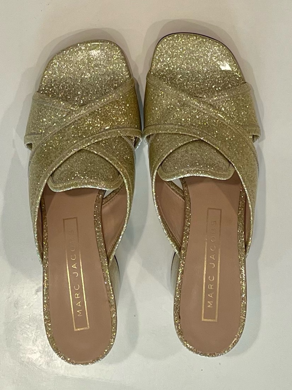 Marc Jacobs Gold Glitter Crossband Unworn Mules Size 8